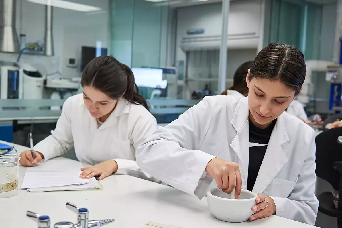 Alumna moliendo alimentos y alumna escribiendo.