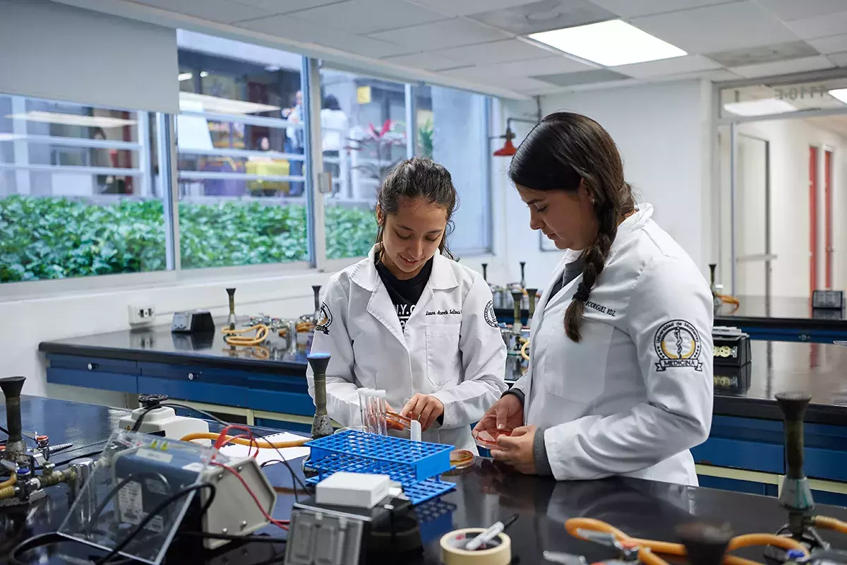 Alumnas analizando cultivo de células.