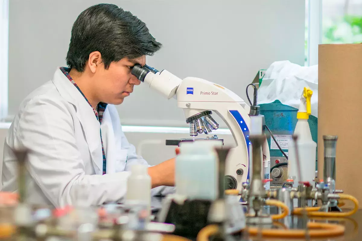 Alumno viendo el microscopio.